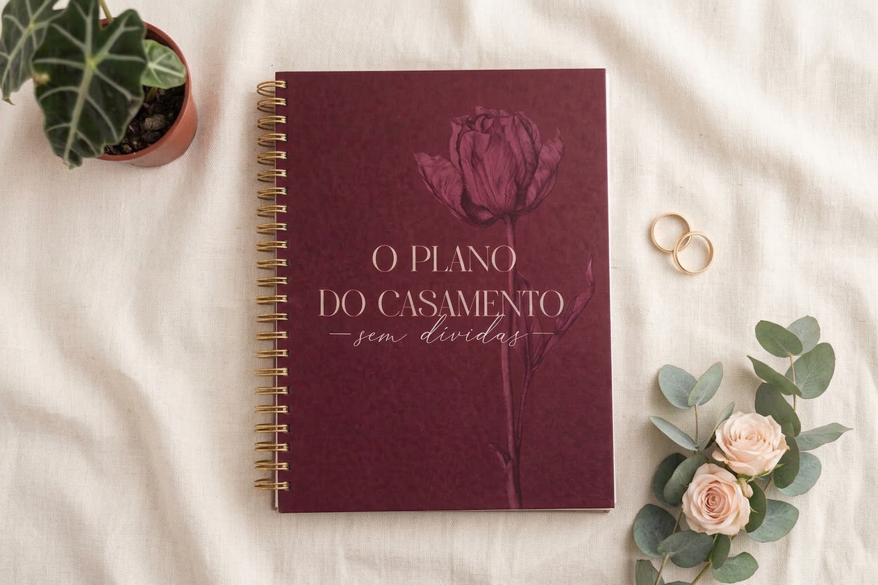 Planner do Casamento sem Dívidas — flat lay com rosas, eucalipto e o livro físico bordô